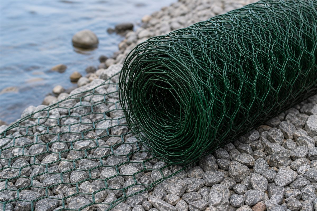 Green PVC coated gabion mesh roll near riverbank